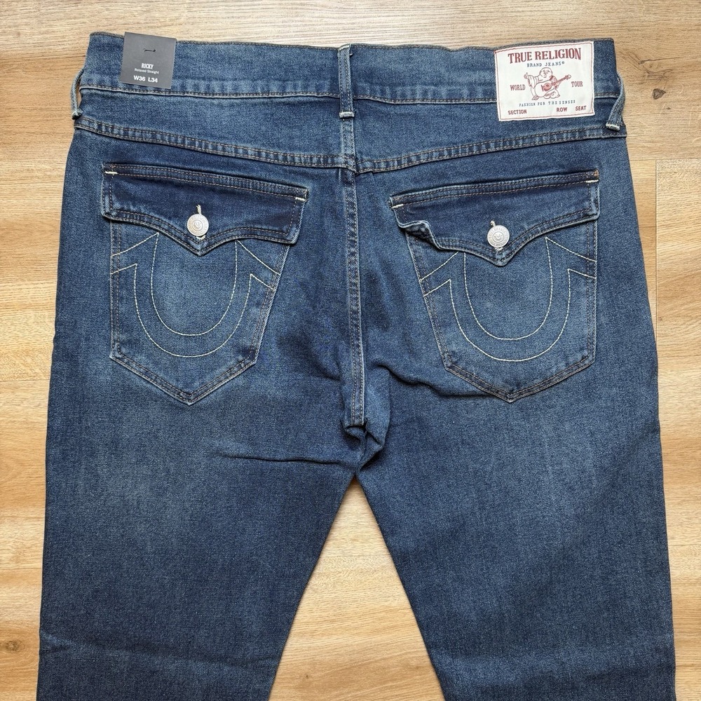 True Religion Jeans Men 36x34 Ricky Relaxed Straight Stretch Flap T Pockets NEW - Picture 2 of 13